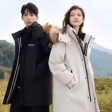 鸭鸭 绿色军大衣外套升级石墨烯内里可脱卸貉子毛领连帽无性别暗黑羽绒服 男女同款 黑色