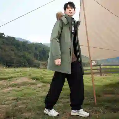 鸭鸭 绿色军大衣外套升级石墨烯内里可脱卸貉子毛领连帽无性别暗黑羽绒服 男女同款 黑色