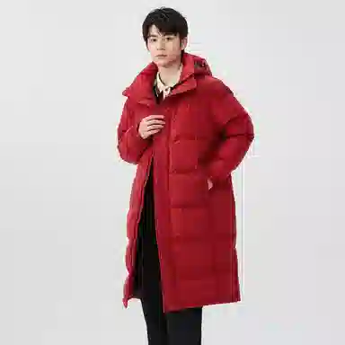 鸭鸭 纯色中长款连帽拉链保暖休闲羽绒服 男女同款