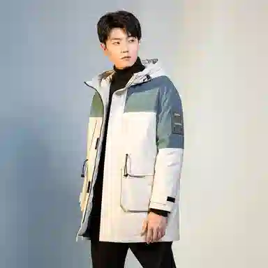 鸭鸭 加厚保暖撞色拼接休闲宽松中长款连帽暗黑羽绒服 男款