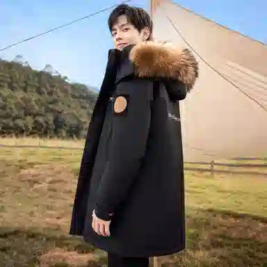 鸭鸭 绿色军大衣外套升级石墨烯内里可脱卸貉子毛领连帽无性别暗黑羽绒服 男女同款 黑色