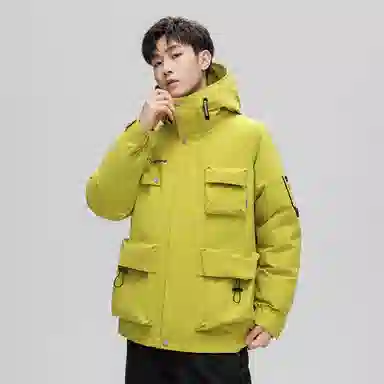 鸭鸭 山系字母印花立体多口袋设计连帽保暖羽绒服 男女同款