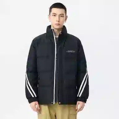 鸭鸭 加厚保暖鸭绒撞色条纹织带休闲宽松立领无帽无性别面包服暗黑羽绒服外套 男女同款