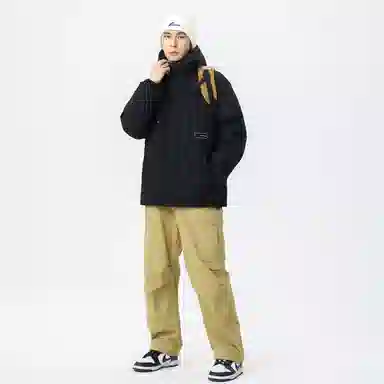 鸭鸭 山系户外多口袋工装风加厚保暖防风休闲宽松连帽套头羽绒服 男女同款