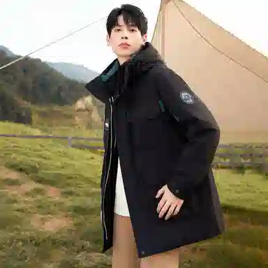 鸭鸭 山系户外风工装多口袋插色拼接立体滴塑休闲宽松连帽套头羽绒服 男女同款