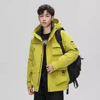 鸭鸭 山系字母印花立体多口袋设计连帽保暖羽绒服 男女同款