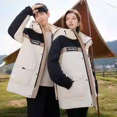 鸭鸭 山系户外风工装多口袋插色拼接立体滴塑休闲宽松连帽套头羽绒服 男女同款