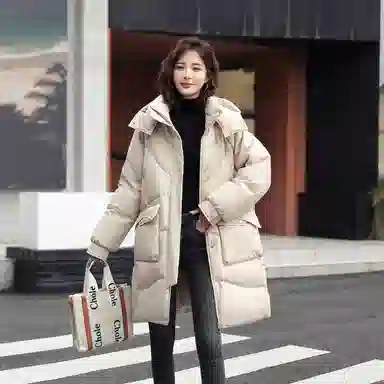 鸭鸭 中长款休闲宽松连帽可拆卸外套纯色保暖长款羽绒服 女款