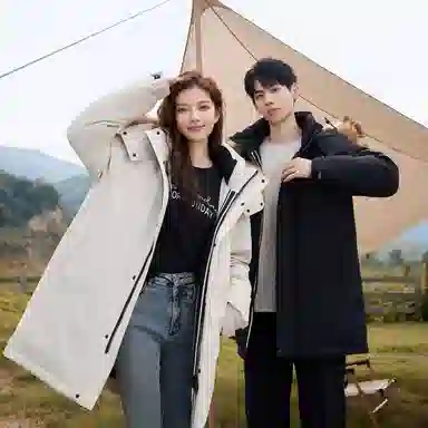 鸭鸭 绿色军大衣外套升级石墨烯内里可脱卸貉子毛领连帽无性别暗黑羽绒服 男女同款 黑色