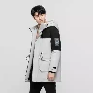 鸭鸭 加厚保暖撞色拼接休闲宽松中长款连帽暗黑羽绒服 男款