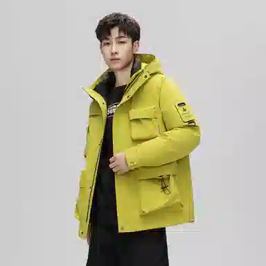 鸭鸭 山系字母印花立体多口袋设计连帽保暖羽绒服 男女同款
