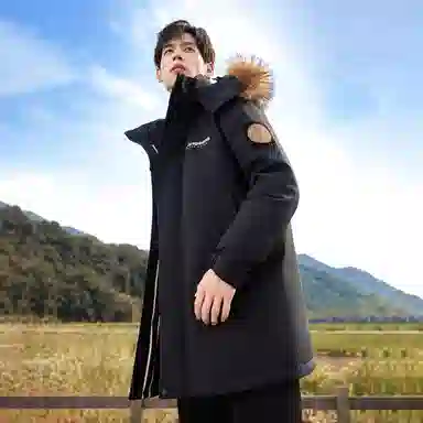 鸭鸭 绿色军大衣外套升级石墨烯内里可脱卸貉子毛领连帽无性别暗黑羽绒服 男女同款 黑色