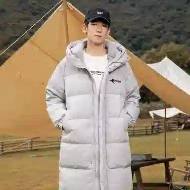 鸭鸭 字母纯色连帽拉链宽松长袖羽绒服 男款