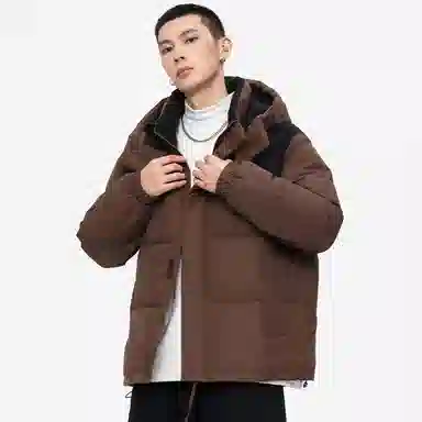 鸭鸭 加厚保暖插色拼接撞色休闲连帽鸭绒套头无性别面包服暗黑羽绒服外套 男女同款