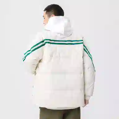 鸭鸭 加厚保暖鸭绒撞色条纹织带休闲宽松立领无帽无性别面包服暗黑羽绒服外套 男女同款