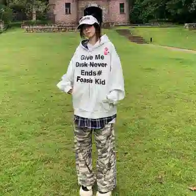 桴生 美式复古假两件格子拼接字母印花连帽加绒加厚卫衣 女款