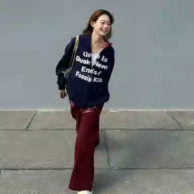 桴生 美式复古假两件格子拼接字母印花连帽加绒加厚卫衣 女款