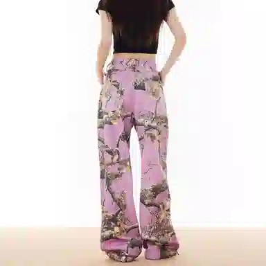 寻星记 美式高街粉色树枝涂鸦印花宽松直筒长裤牛仔裤 男女同款