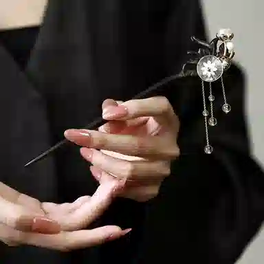 凤凰涅磐 棠荷黑檀木古风小众发簪新中式白水晶流苏步摇木簪精致水沫玉荷叶复古簪子 黑檀木 发簪 女款 黑檀