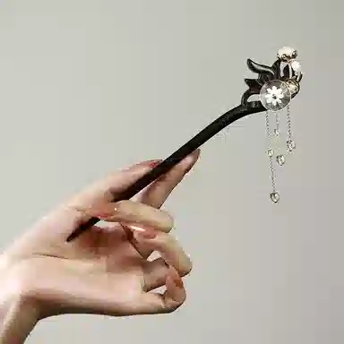 凤凰涅磐 棠荷黑檀木古风小众发簪新中式白水晶流苏步摇木簪精致水沫玉荷叶复古簪子 黑檀木 发簪 女款 黑檀