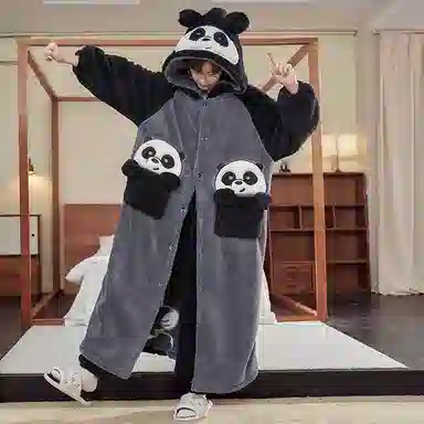 俏霓桐 保暖蓄温加厚卡通熊猫连帽中长款长袖睡袍长裤可外穿睡衣套装 男款 黑灰色