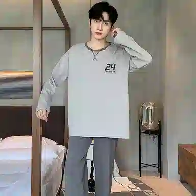 俏霓桐 简约休闲风亲肤舒适长袖长裤圆领可外穿睡衣套装 男款 灰色