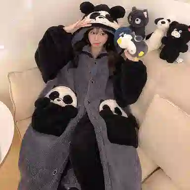 俏霓桐 保暖蓄温加厚卡通熊猫连帽中长款长袖睡袍长裤可外穿睡衣套装 男款 黑灰色
