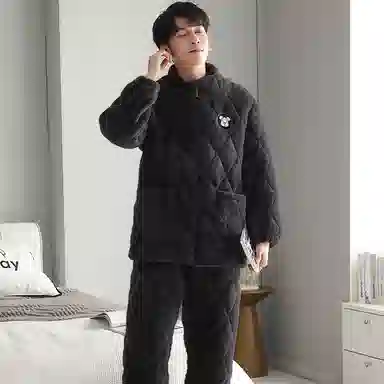 俏霓桐 保暖蓄温加厚玉狐绒三层夹棉长袖长裤可外穿睡衣套装 男款 深灰色