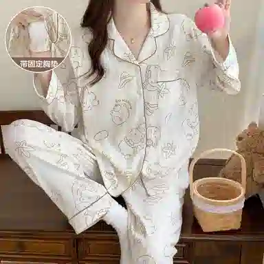 俏霓桐 简约甜美可爱亲肤舒适自带胸垫长袖开衫休闲可外穿长裤睡衣套装 女款 图片色