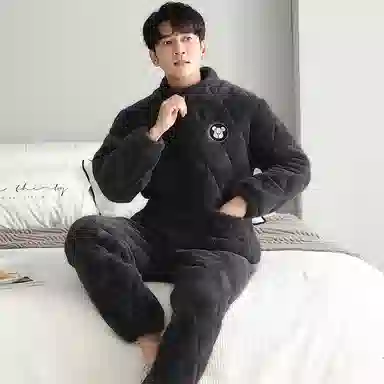 俏霓桐 保暖蓄温加厚玉狐绒三层夹棉长袖长裤可外穿睡衣套装 男款 深灰色