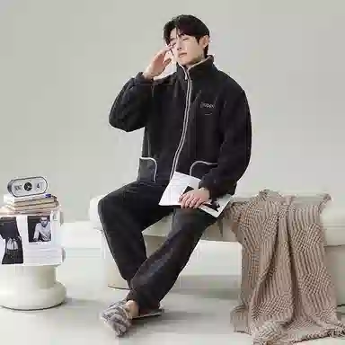 俏霓桐 简约休闲卡西米绒蓄温保暖长袖拉链可外穿睡衣套装 男款 黑灰色