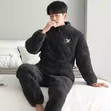 俏霓桐 保暖蓄温加厚玉狐绒三层夹棉长袖长裤可外穿睡衣套装 男款 深灰色