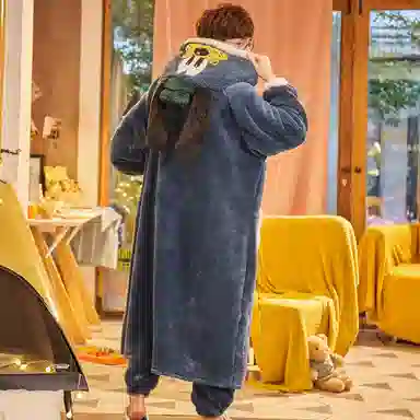 俏霓桐 简约时尚卡通亲肤舒适连帽长袖睡袍保暖蓄温可外穿长裤睡衣套装 男款 蓝灰色