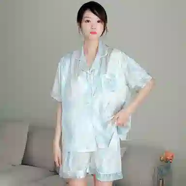 俏霓桐 凉感亲肤舒适翻领短袖卡通休闲短裤长裤睡衣套装 女款 法斗黑