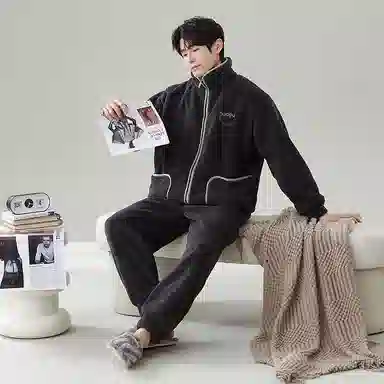 俏霓桐 简约休闲卡西米绒蓄温保暖长袖拉链可外穿睡衣套装 男款 黑灰色