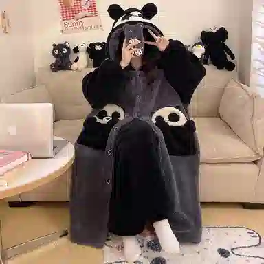 俏霓桐 保暖蓄温加厚卡通熊猫连帽中长款长袖睡袍长裤可外穿睡衣套装 男款 黑灰色