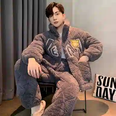 俏霓桐 时尚卡通保暖蓄温加厚长袖长裤可外穿睡衣套装 男款 深灰色