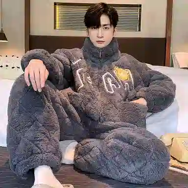 俏霓桐 时尚卡通保暖蓄温加厚长袖长裤可外穿睡衣套装 男款 深灰色