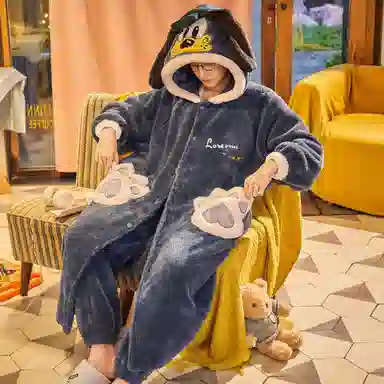 俏霓桐 简约时尚卡通亲肤舒适连帽长袖睡袍保暖蓄温可外穿长裤睡衣套装 男款 蓝灰色