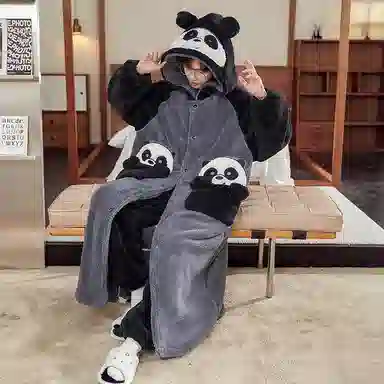 俏霓桐 保暖蓄温加厚卡通熊猫连帽中长款长袖睡袍长裤可外穿睡衣套装 男款 黑灰色