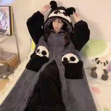 俏霓桐 保暖蓄温加厚卡通熊猫连帽中长款长袖睡袍长裤可外穿睡衣套装 男款 黑灰色