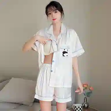 俏霓桐 凉感亲肤舒适翻领短袖卡通休闲短裤长裤睡衣套装 女款 法斗黑