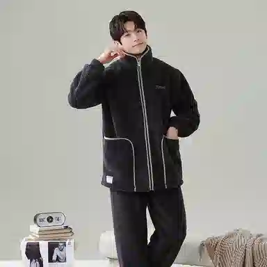 俏霓桐 简约休闲卡西米绒蓄温保暖长袖拉链可外穿睡衣套装 男款 黑灰色