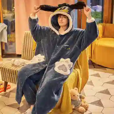 俏霓桐 简约时尚卡通亲肤舒适连帽长袖睡袍保暖蓄温可外穿长裤睡衣套装 男款 蓝灰色