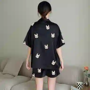 俏霓桐 凉感亲肤舒适翻领短袖卡通休闲短裤长裤睡衣套装 女款 法斗黑