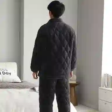 俏霓桐 保暖蓄温加厚玉狐绒三层夹棉长袖长裤可外穿睡衣套装 男款 深灰色