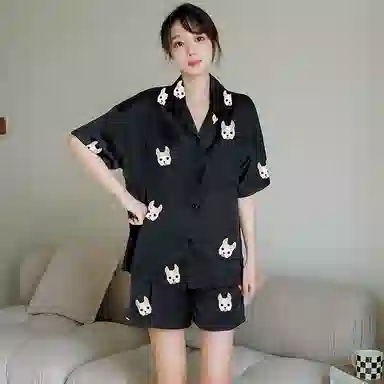 俏霓桐 凉感亲肤舒适翻领短袖卡通休闲短裤长裤睡衣套装 女款 法斗黑