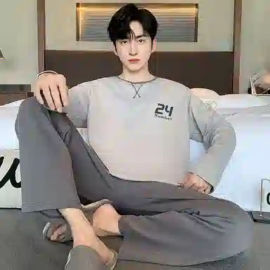 俏霓桐 简约休闲风亲肤舒适长袖长裤圆领可外穿睡衣套装 男款 灰色