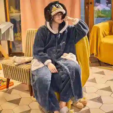 俏霓桐 简约时尚卡通亲肤舒适连帽长袖睡袍保暖蓄温可外穿长裤睡衣套装 男款 蓝灰色