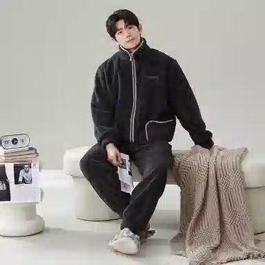 俏霓桐 简约休闲卡西米绒蓄温保暖长袖拉链可外穿睡衣套装 男款 黑灰色